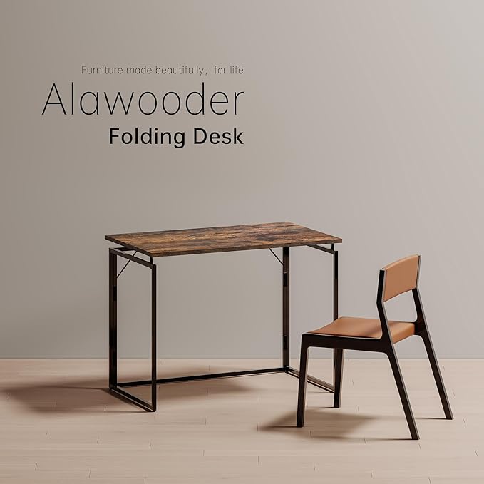 alawooder Folding Desk - 39.4” Wood Top Foldable Desk for Small Spaces | No Assembly Required Compact Desk for Home Office, Writing, and Study