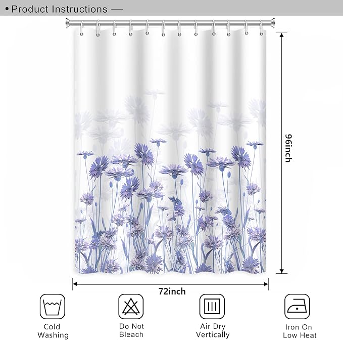 Purple Flower Shower Curtain for Bathroom Spring Floral Nature Wild Botanical Shower Curtain Waterproof Polyester Fabric Modern Art Aesthetics Home Decor Bath Curtain with Hooks, 72x96 Inch