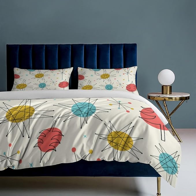 Mid Century Duvet Cover Queen Retro Atomic Bedding Set, Rainbow Grid Comforter Cover Vintage Fifties 1950s Bed Set,Abstract Art Bedding 3 Piece (1 Duvet Cover 90"x90" + 2 Pillow Sham 20"x30")