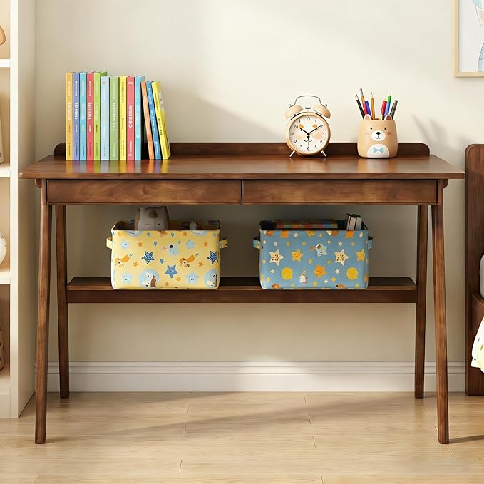 Wooden Writing Desk with Drawers, Small Solid Wood Desk, Mid Century Modern Desk with Storage Shelf & Side Hooks for Small Spaces/Study/Bedroom/Office (Walnut)