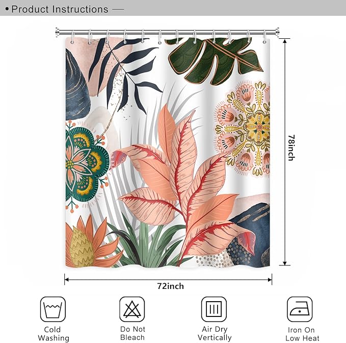 Abstract Mid Century Bathroom Shower Curtain - Colorful Boho Tropical Leaves With Hooks, Polyester Waterproof Fabric, Home Bathtub Decorative, 72x78 Inch