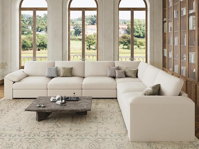 EASE MOOSE Leather Sectional Couch, Oversized Modular Sectional Sofa, Wide Deep Seat Modular Couch, Scratch Resistant Faux Leather Material, L Shaped Sofas for Living Room, Beige