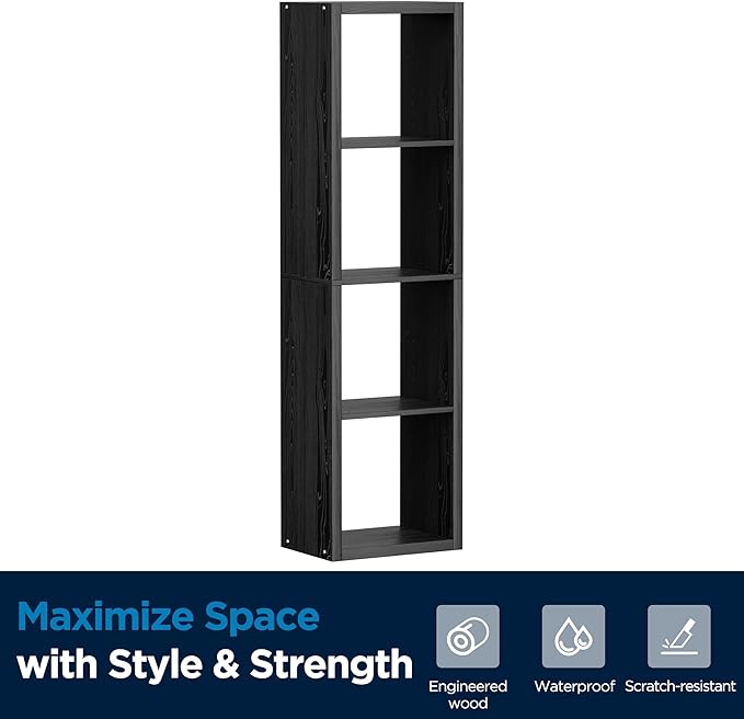 4 Cube Storage Organizer Single Row, Cube Shelf with Heavy-Duty Thick Boards, 13.31" L x 9.37" W x 48.82" H, Smooth Easy-Clean Panels, Simple Assembly, for Living Room Bedroom Office, Black