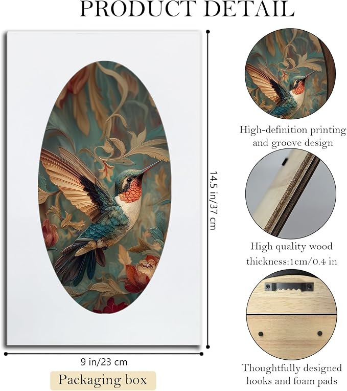 UYIKG Vintage Hummingbird Wall Art Decor,Floral Bird Hummingbird Oval Wall Decor,Rustic Cottagecore Animal Botanical Oval Wooden Framed Decorations for Home Theme Room Bedroom Living Room 9x14.6 in