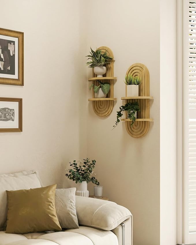 Bamworld Boho Wall Decor 2pcs Plant Wall Shelf, Mid Century Modern Decor Hanging Plant Shelf, 2-Tier Wooden Floating Shelves for Home, Bathroom Bedroom Living Room Holding Planter Decoration Natural