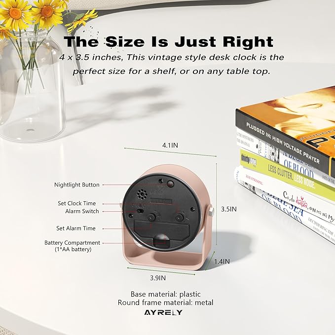 AYRELY® 3.5 Inch Small Analog Alarm Clocks,Battery Operated Desk Clock,Cute Table Clock with Light,Adjustable Angle for Travel,Bedside,Bedroom,Kids,Living Room Decor (Pink)