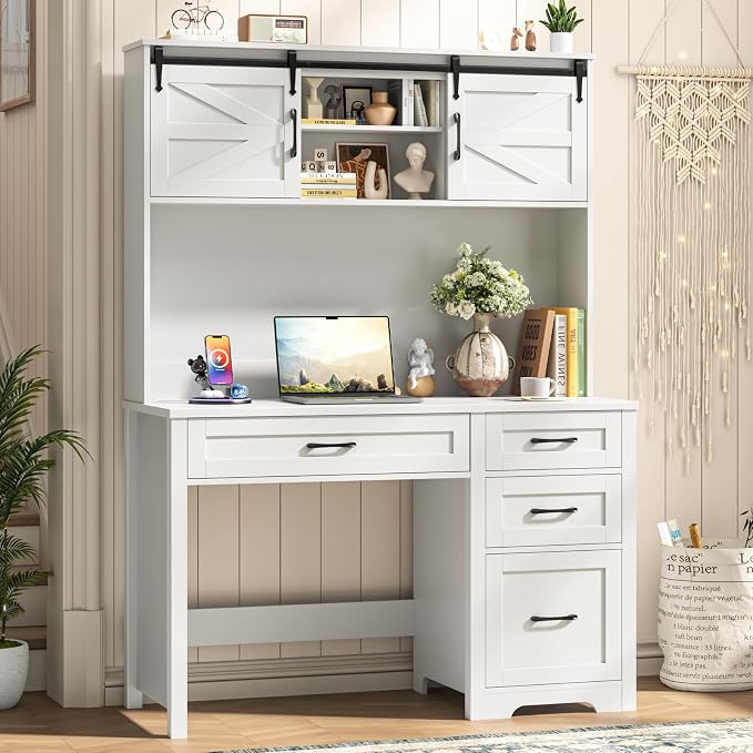 Farmhouse 67" H Executive Desk with Hutch,Office Table with LED light and 7 Drawers,Computer Desk with Charging Station,File Drawers and Storage Cabinet,Workstation for Home Office.Cream White