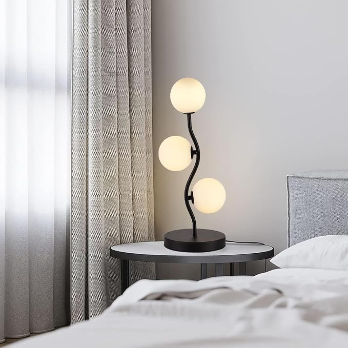 3-Light Curve Black Globe Table Lamp Mid Century Flower Beside Desk Table Light with Milk White Glass Shade Metal Base Nightstand Lamp for Bedroom Bedside