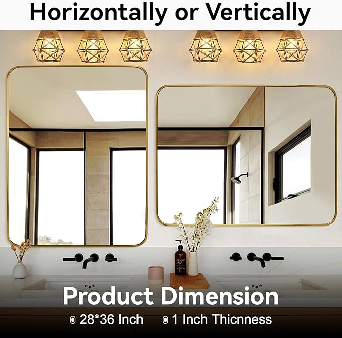 Gold Wall Mirror for Bathroom 28X36 Inch Stainless Steel Metal Frame Bathroom Vanity Mirror Rounded Rectangle Mirror Rustproof for Entryway, Living Room Hangs Vertically or Horizontally