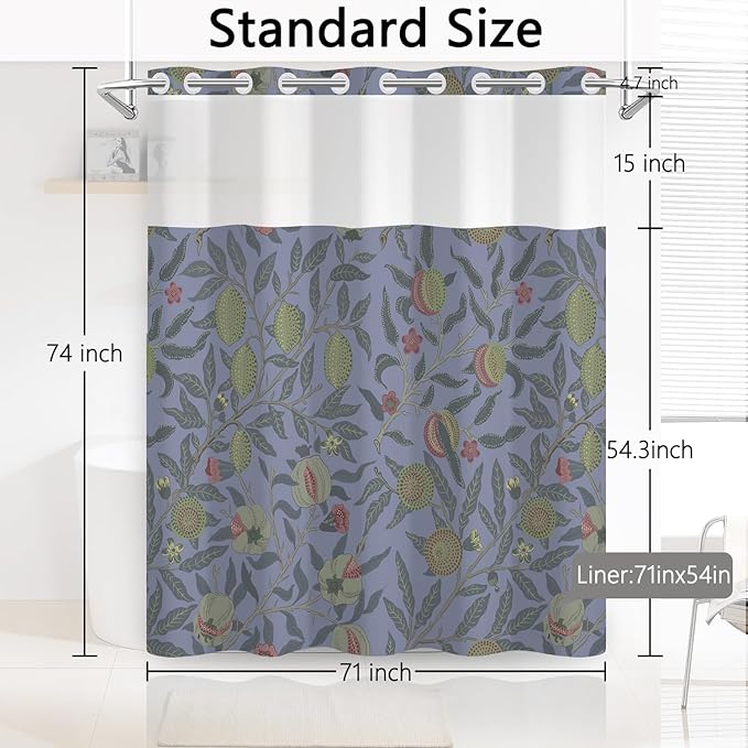 No Hook Shower Curtain with Snap in Fabric Liner - Vintage Botanical Fruit Floral Print, Waterproof Shower Curtains and Liner Set for Bathroom, 71″W × 74″H