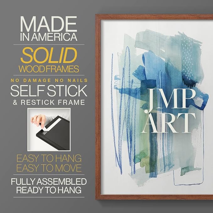 Renditions Gallery Set of 2 Peel & Stick Framed Prints, Modern Abstract Wall Art, Blue and Neutral Bold Brushstrokes Wall Decor, Re-Stickable - Ready to Hang - 8"x10" - Walnut Frame LT588
