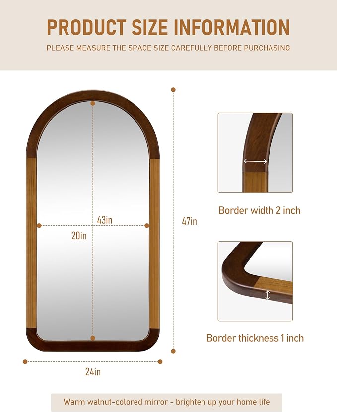 Arched Mirror 24 x 47 Inch,Brown Wood Rustic Bathroom Tempered Wall Mirror with Wood Frame,Round Corner Arch Farmhouse Wooden Vanity Mirror for Living Room,Entryway or Bedroom(Walnut Brown)