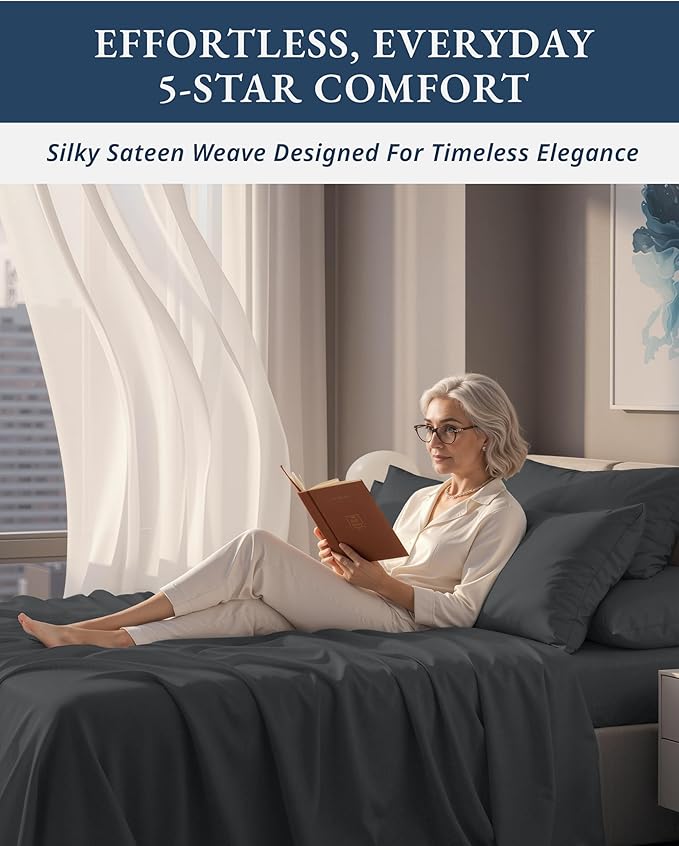 LANE LINEN 100% Egyptian Cotton Queen Sheets, Long Staple Mercerized Cotton No Pill Fade Resistant Silky Sateen Weave for Soft & Comfy Good Night Sleep, Deep Pocket Fits 15" Mattress - Moonless Night