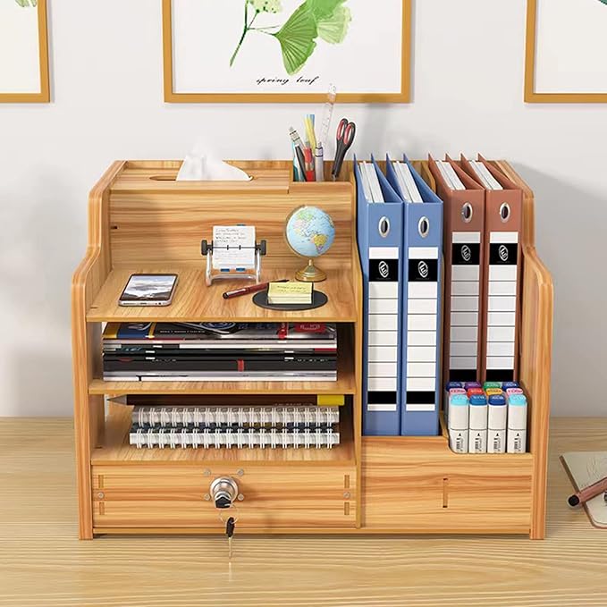 Bamboo Desk Organizer, Desktop Wood Bookshelf File Organizer, Pen Holder and Tissue Holder, 1 Drawer with lock for Office, Home, Need to Install(Cherry Wood)