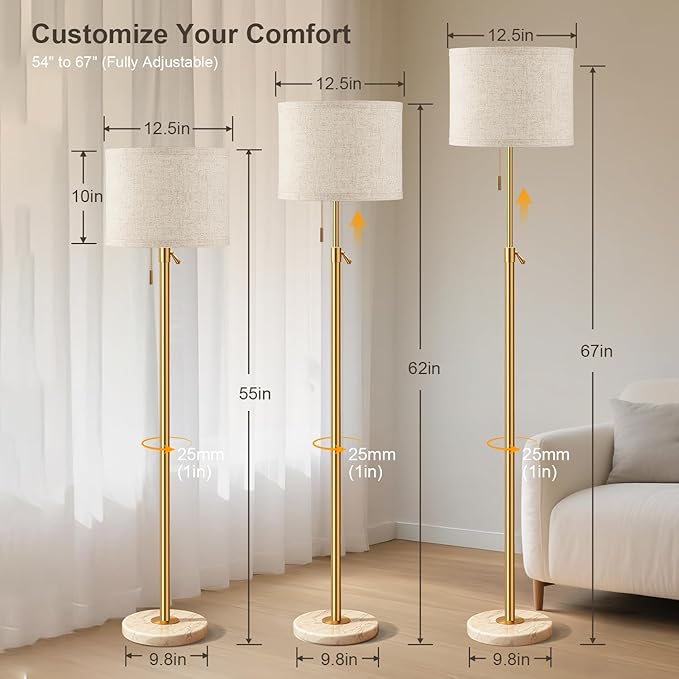 Modern Gold Floor Lamp for Living Room, Floor Lamp with Remote Control, Adjustable Height Standing Lamp with Marble Base & Linen Shade, Dimmable Tall Floor Light for Bedroom, Reading