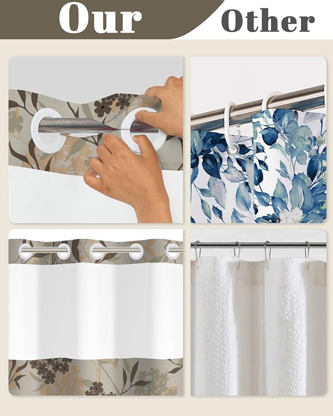 No Hook Shower Curtain with Snap in Liner Set - Neutral Botanical Floral Pattern Shower Curtains for Modern Farmhouse Bathroom, Waterproof Bath Tub Curtain with Mesh Top, 71Wx74H