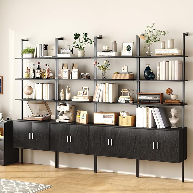 Yusong 73" Tall Bookshelf with Cabinet, Industrial Ladder Wall Mount Shelf Bookcase with Wood and Metal Frame, Plant Shelf Wall Storage Display for Living Room Bedroom, Black Wood Grain