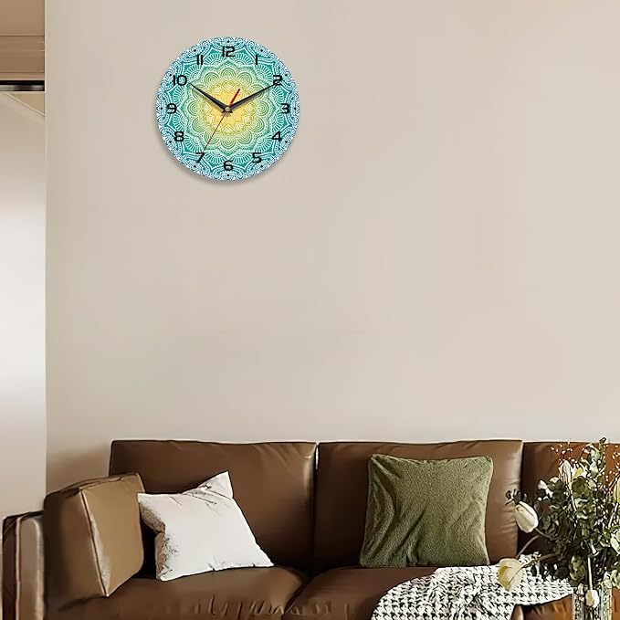 Wall Clocks Battery Operated,Blue Yellow Mandala Clock for Living Room,Decorative Wall Clock for Living Room, Bedroom, Bathroom and Kitchen,10 Inch