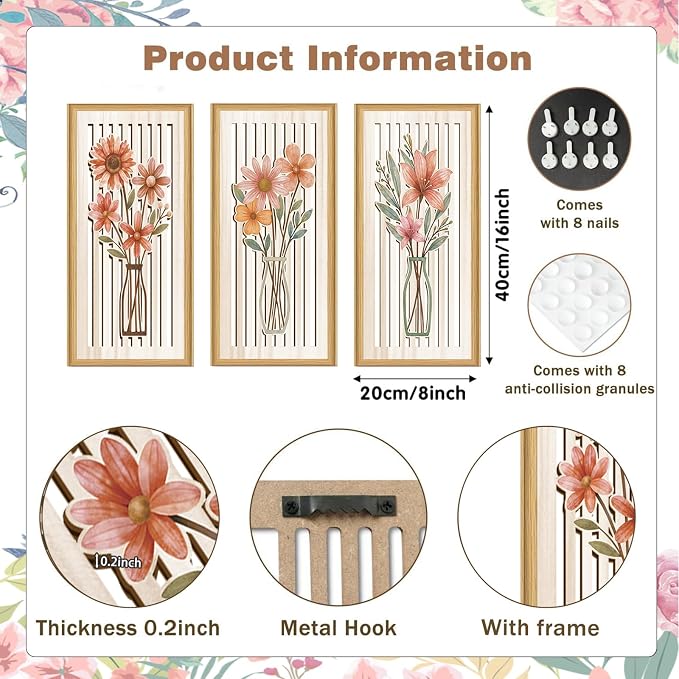 Celestdeco 3 Pcs Boho Flower Market Wall Decor Floral Botanical Modern Wood Wall Art Bohemian Floral Hanging Decor Abstract Minimalist Wooden Art for Living Room Bedroom Office 7.9 x15.8 Inch