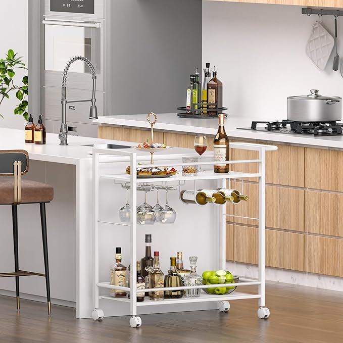 Bar Cart,Home Bar Serving Cart with Storage Shelves, 2 Tier Rolling Beverage Cart with Wheels, Modern Wine Cart with Wine Rack and Glass Holder for Kitchen, Living Room,Dinning Room,White