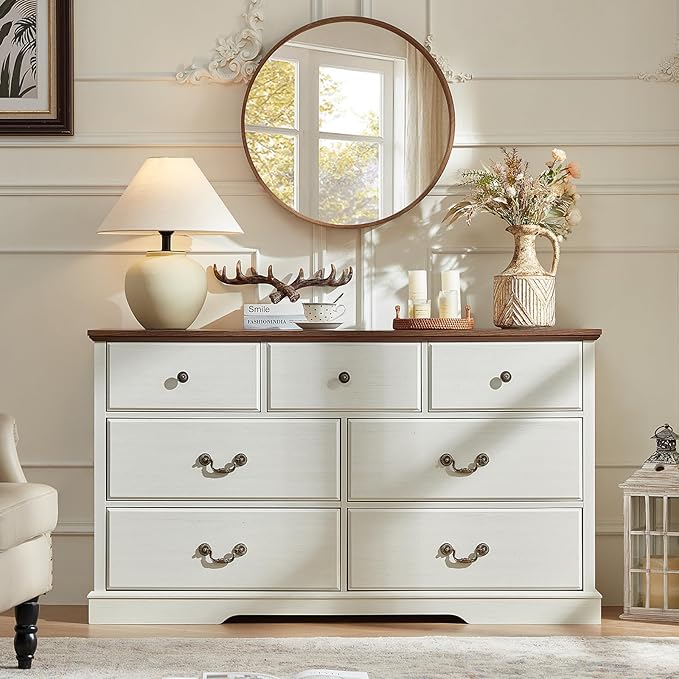 Farmhouse 7 Drawer Dresser for Bedroom,54" Wide Wood Rustic Chest of Drawers,Farmhouse Chest of Drawers for Bedroom,Wood Drawer Organizer for Living Room, Hallway,Bedroom,White