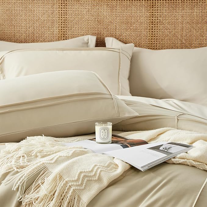 Yogeneg Twin Comforter Set 5 Piece Bed in a Bag,Grid Pinch Pleat Beige Twin Bedding Set,Striped Textured Soft Microfiber Comforter with Sheet Set,All Season Complete Bed Set(Beige,Twin)