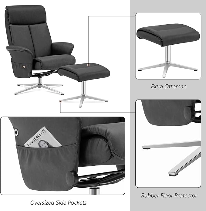 MCombo Swivel Recliner with Ottoman, Modern Heavy-Duty Aluminum Base, Faux Leather Lounge Chair for Small Space, Living Room, or Office 4603 (Dark Grey)