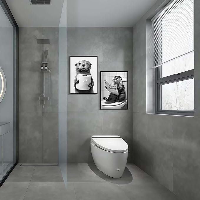 Framed Funny Bathroom Wall Art Otter Canvas Prints Black and White Animal Posters Cute Toilet Humor Pictures Gallery Style Wall Decor Home Guest Bath 12x16 inch Ready to Hang