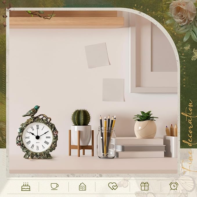 Kenning Vintage Mini Table Clock, 3.5 Inch Small Decorative Metal Non Ticking Analog Quartz Battery Operated Table Top Clock for Living Room Bedroom Bedside Desk Decor(Bird)