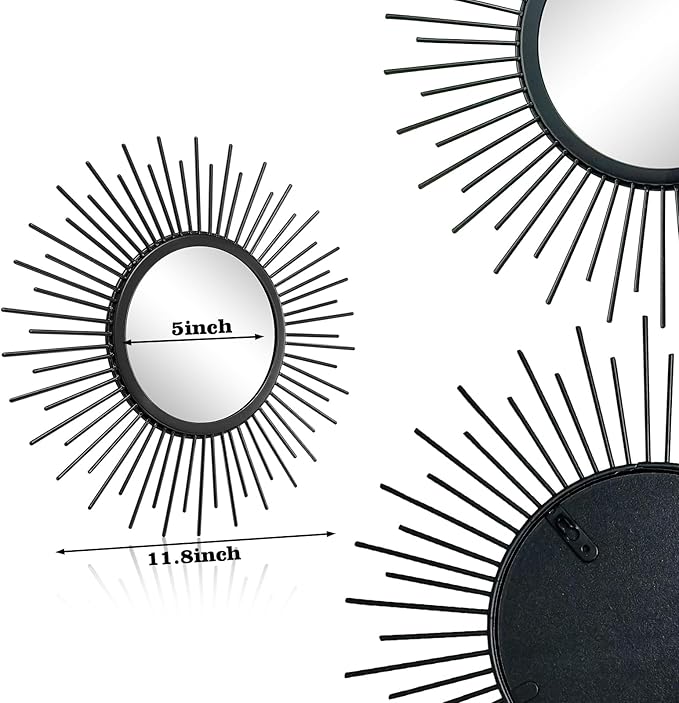 Cityelf 3 Set Sunburst Mirrors for Wall Decorative Metal Mirrors Small Mirror Sets Decor Hanging Mirror Wall Sculpture for Bedroom Living Room Entryway