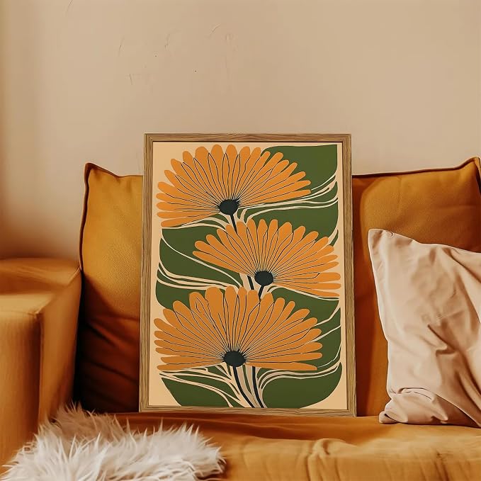 Framed Boho Floral Canvas Wall Art, Vintage Flower Pictures Wall Decor, Abstract Botanical Paintings Prints Maximalist Home Decor for living Room Bedroom Office 12x16 inch