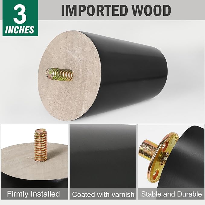FoDau770 Black Rubber Wood Furniture Legs 3 Inches, Slant Tapered Wood Feet Mid Century Sofa Legs Set of 8, 5/16" UNC Furniture Feet Replacement Parts for Cabinet Couch Dresser Chair Ottoman Table