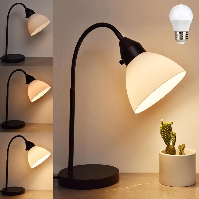 RISLG LED Desk Lamp for Home Office, 3 Levels Dimmable Reading Light, Flexible Table Lamp for Bedside Office, Rotary Switch Control, Desk Lamp for College Dorm Study Lamp, Bulb Included, Black