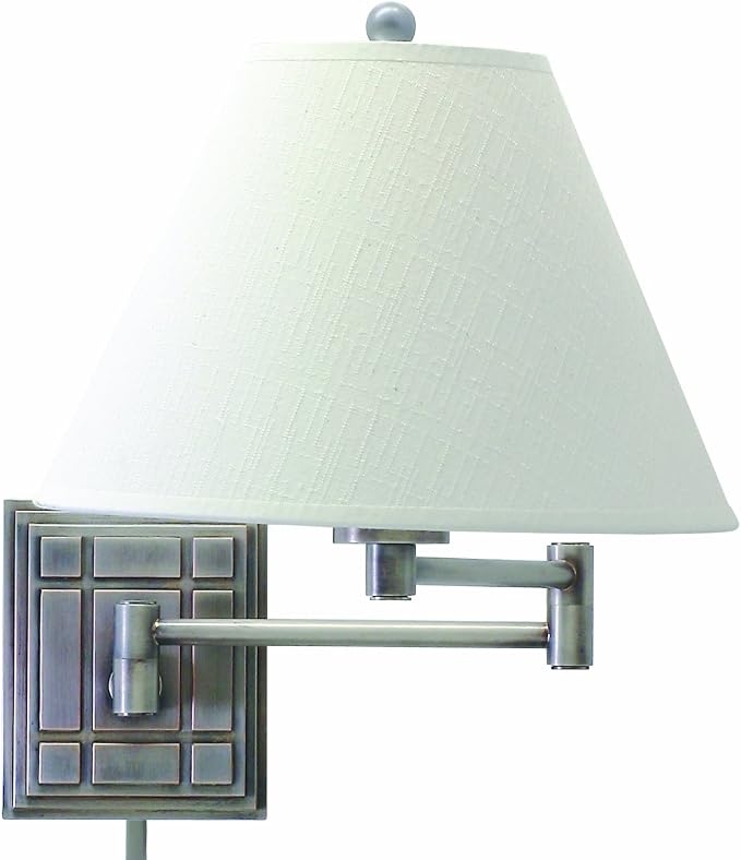 House of Troy WS750-AS Swing-Arm Wall Lamp with White Linen Hardback Shade, 15", Antique Silver