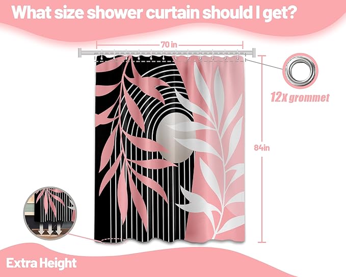 Pink Shower Curtain Boho Mid Century Black and Pink Shower Curtains for Bathroom Decor, Waterproof Cloth Fabric with Hooks, 70" W x 84" L (Pack of 1)