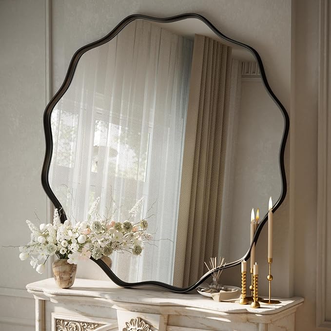 VooBang Black Scalloped Large Circle Mirror, 42" Wavy Edge Round Wall Mirror with Tempered Glass Textured Circular Metal Deep Frame, Hanging Leaning for Bathroom, Hallway, Entryway, Livng Room