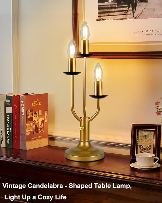 Vintage Candle Table Lamp 3 - Light Candelabra Lamp for Wedding/Party, 3000K Warm White Dimmable Desk Lamp Mid Century Nightstand Bedside Lamps for Bedroom/Dining - Gold