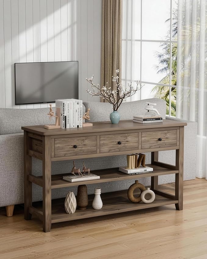 Karl home Console Table with 3 Drawers, 47" Farmhouse Wash Grey Entryway Sofa Table with Silent Slide Rails & Anti-Fall Guardrails for Hallway, Living Room, Foyer, Office