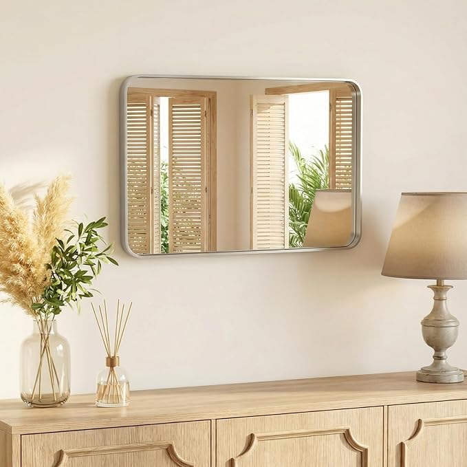 NEWBULIG 24X32 Inch Bathroom Mirror for Over Sink, Wall Vanity Mirrors Tempered Glass, Anti-Rust Metal Framed Rounded Rectangle, Hangs Horizontally or Vertically, Farmhouse Home Decor, Silvery