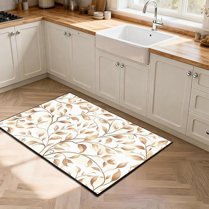 Botanical Leaf Vine Area Rug Beige Floral Branch Print Rug for Bedroom Living Room Kitchen Nursery Playroom Home Decor Non-Slip Washable Floor Mat Modern Farmhouse Carpet,6'x9'