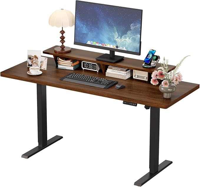 63 x 24 Inches Electric Standing Up Desk with Monitor Shelves,Height Adjustable Computer Desk from 28-46''with Memory Controller,Modern Home Office Desk for Work,Study,Walnut