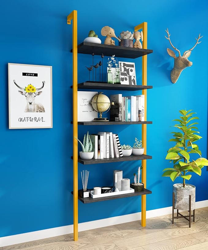 DKLGG 5-Tier Ladder Shelf, Industrial Wall Mounted Bookshelf, Narrow Ladder Bookcase with Wood Board and Metal Frame, Open Display Shelf for Living Room, Bedroom, Office, Black and Gold