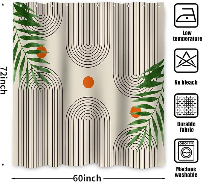Boho Mid Century Modern Shower Curtain, Abstract Arch Leaf Minimalist Sun Beige Machine Washable Waterproof Fabric for Bathroom Decor Bathtub with Hooks 60Wx72H