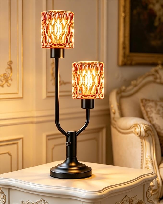 Lightdot Vintage Table Lamp for Bedroom Dimmable Nightstand Lamp Mid Century Modern Amber Glass Black Desk Lamp 2 Bulbs Included Warmwhite Ambient Bedside Lamps for Living Room Home Office Decor Gift