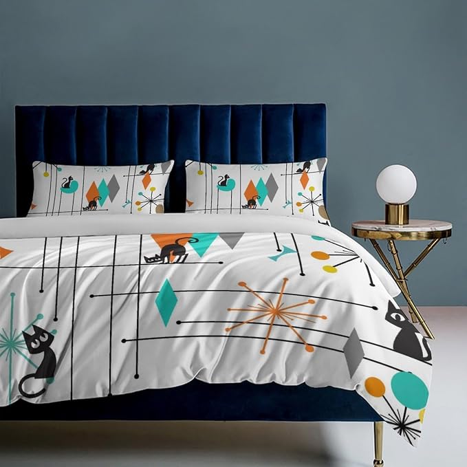 Mid Century Duvet Cover Sets Vintage Black Cat Modern Style Printed Lightweight Soft Quilt Cover Abstract Geometric Minimalist Soft Microfiber 3 Piece (1 Duvet Cover 90x90in + 2 Pillow Sham 20x30in)