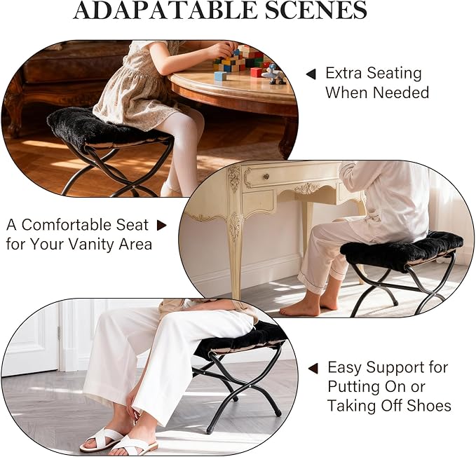 Furlide Oversized Folding Faux Fur Chair with Ottoman, X-Large Soft Saucer Chair, Foldable Metal Frame for Bedroom, Living Room, Balcony (Black)