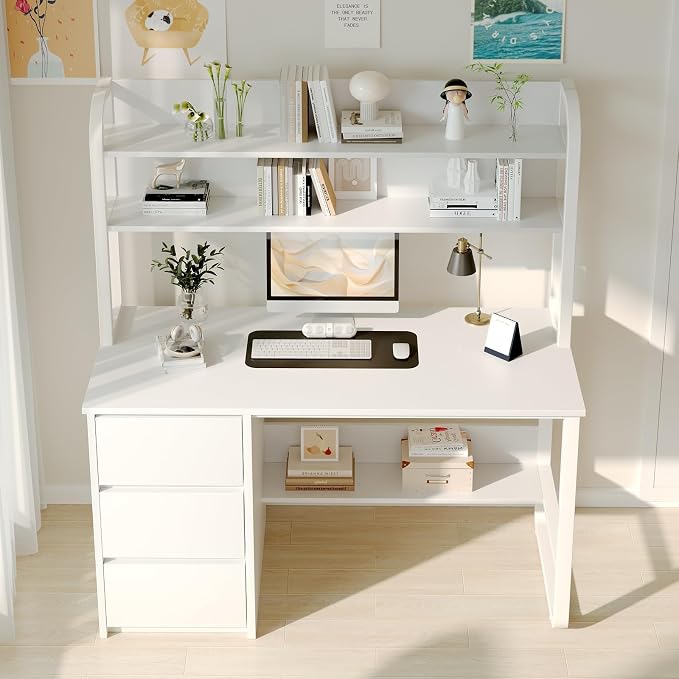 MaverickFurni White Desk with Hutch, 47 Inch Computer Desk with 3 Drawers for Bedroom, Study Writing Desk with Shelves for Small Spaces, Adjustable Feet