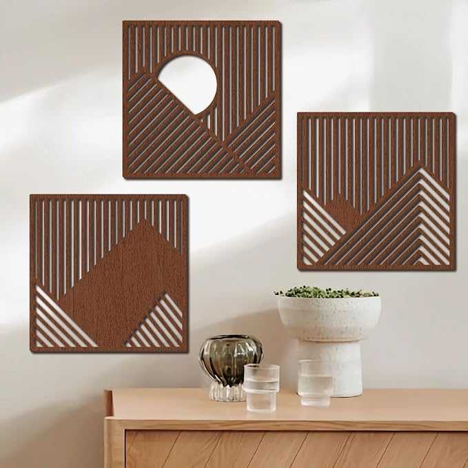 CREATCABIN 3Pcs Wood Line Wall Decor Wooden Geometric Wall Art Decoration Hanging Set Hollowing Out Artwork Modern Mountains Sculpture Laser Cut Wooden Sign Ornament for Home Bedroom 11x11Inch-Coffee