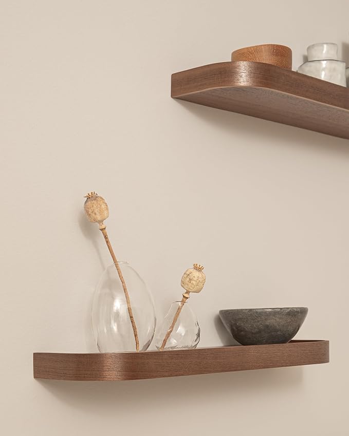 Kazai.ยฎ 18.5 inches Floating Shelves for Wall 'Toke' | Set of 3 Small Mounted Wooden Shelf Units | Modern Wall Decor & Storage for Living Room, Bathroom, Kitchen, Bedroom & More | Walnut