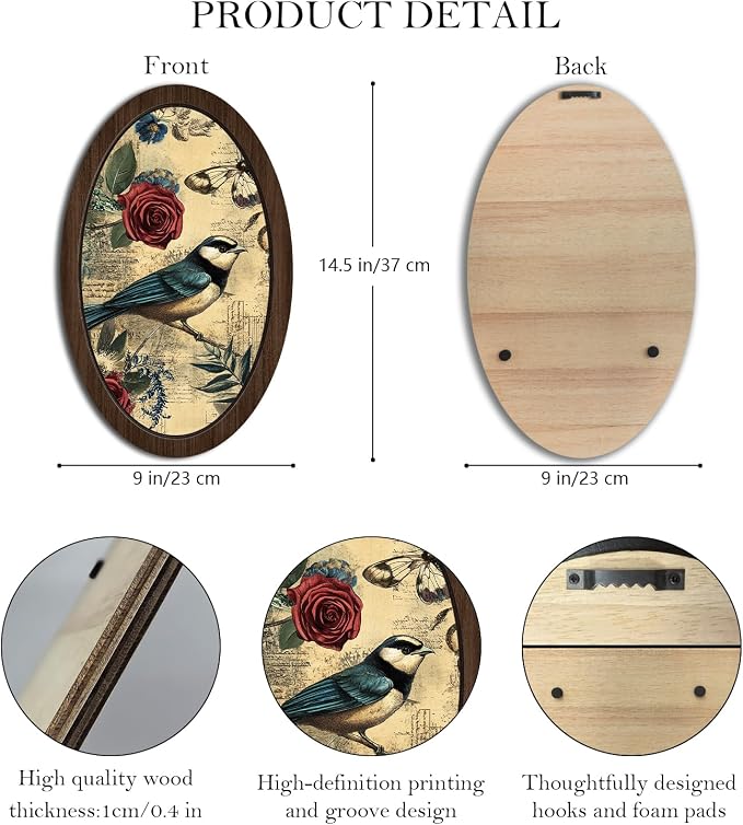 UYIKG Vintage Rustic Farmhouse Oval Framed Wall Art Decor,Floral Bird Cottage Core Vintage Wall Decor for Theme Room Home Bedroom Living Room Home Office 9x14.6 in